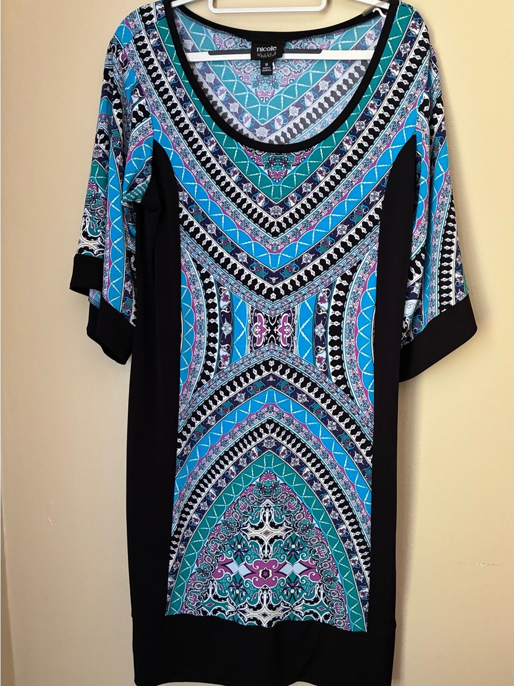 Nicole by Nicole Miller Black Dress with Teal, Blue & Purple Geometric Print